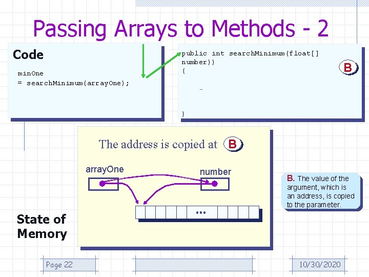 Passing Arrays to Methods - 2 Code min. One = search. Minimum(array. One); public