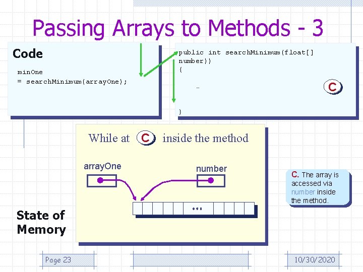 Passing Arrays to Methods - 3 Code min. One = search. Minimum(array. One); public