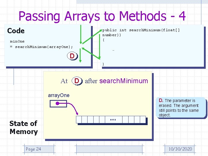 Passing Arrays to Methods - 4 Code min. One = search. Minimum(array. One); public