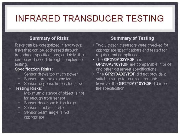 INFRARED TRANSDUCER TESTING Summary of Risks • • • Risks can be categorized in