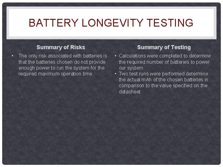 BATTERY LONGEVITY TESTING Summary of Risks • The only risk associated with batteries is