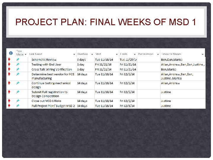 PROJECT PLAN: FINAL WEEKS OF MSD 1 