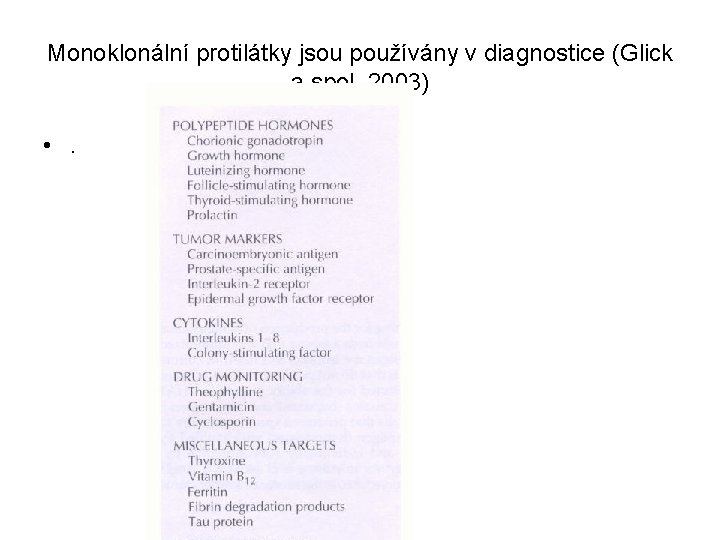 Monoklonální protilátky jsou používány v diagnostice (Glick a spol. 2003) • . 