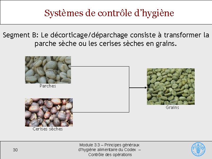 Systèmes de contrôle d’hygiène Segment B: Le décorticage/déparchage consiste à transformer la parche sèche