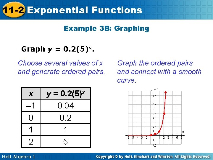 11 -2 Exponential Functions Example 3 B: Graphing Graph y = 0. 2(5)x. Choose