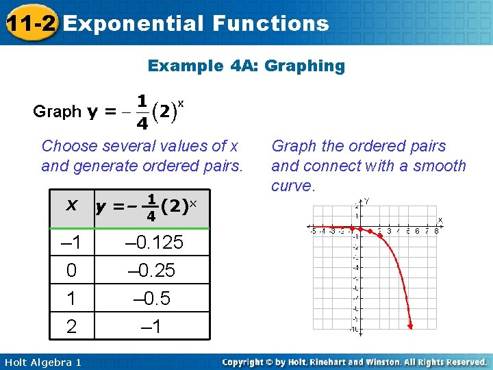 11 -2 Exponential Functions Example 4 A: Graphing Choose several values of x and