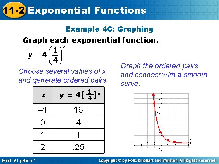 11 -2 Exponential Functions Example 4 C: Graphing Graph each exponential function. Choose several