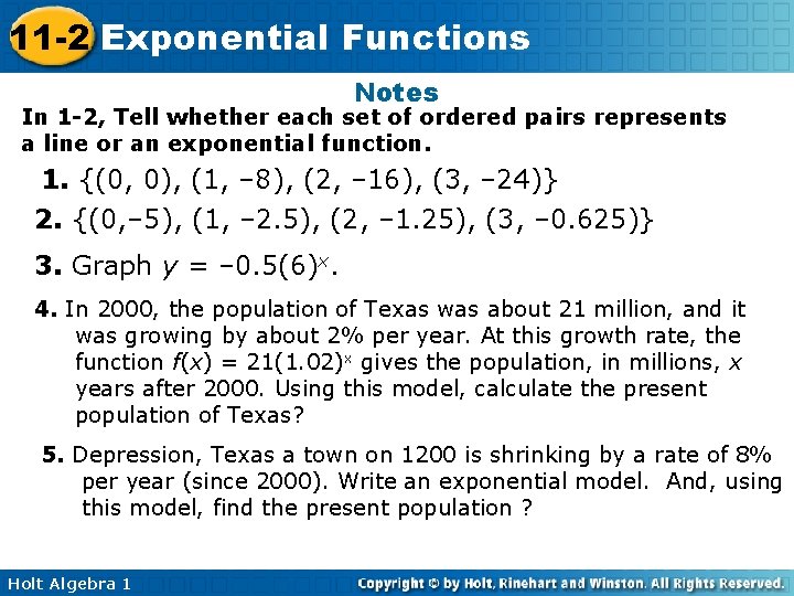 11 -2 Exponential Functions Notes In 1 -2, Tell whether each set of ordered