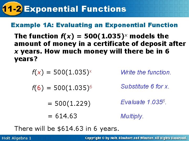 11 -2 Exponential Functions Example 1 A: Evaluating an Exponential Function The function f(x)