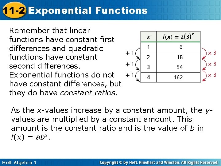 11 -2 Exponential Functions Remember that linear functions have constant first differences and quadratic