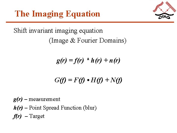 The Imaging Equation Shift invariant imaging equation (Image & Fourier Domains) g(r) = f(r)