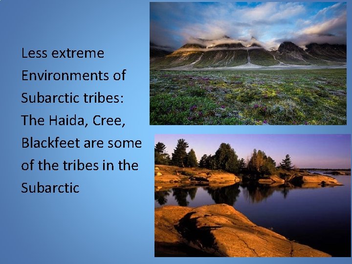 Less extreme Environments of Subarctic tribes: The Haida, Cree, Blackfeet are some of the