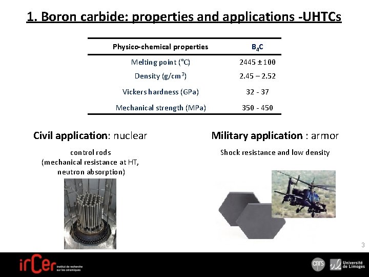 1. Boron carbide: properties and applications -UHTCs Physico-chemical properties B 4 C Melting point
