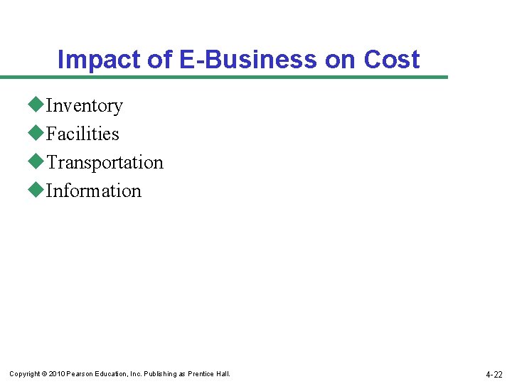 Impact of E-Business on Cost u. Inventory u. Facilities u. Transportation u. Information Copyright