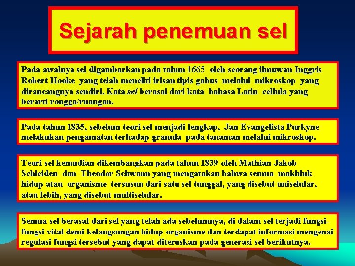 Sejarah penemuan sel Pada awalnya sel digambarkan pada tahun 1665 oleh seorang ilmuwan Inggris