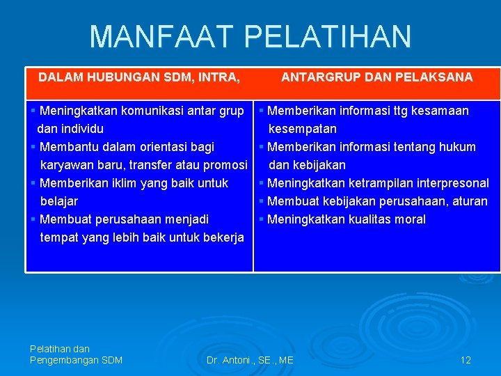 MANFAAT PELATIHAN DALAM HUBUNGAN SDM, INTRA, ANTARGRUP DAN PELAKSANA § Meningkatkan komunikasi antar grup