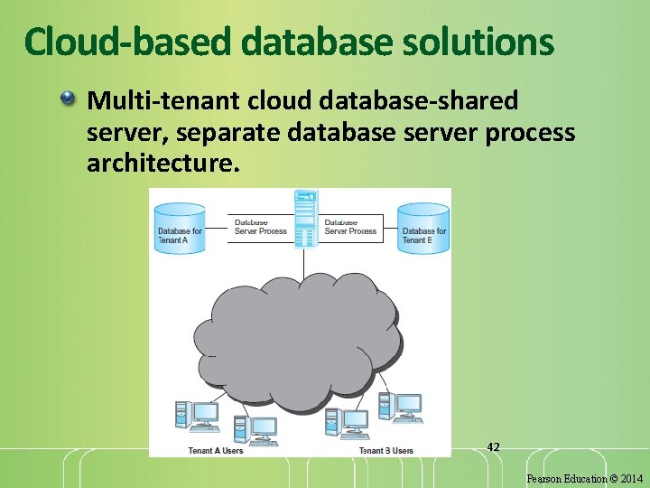 Cloud-based database solutions Multi-tenant cloud database-shared server, separate database server process architecture. 42 Pearson