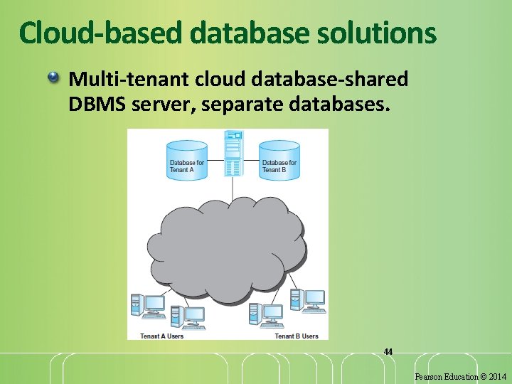 Cloud-based database solutions Multi-tenant cloud database-shared DBMS server, separate databases. 44 Pearson Education ©