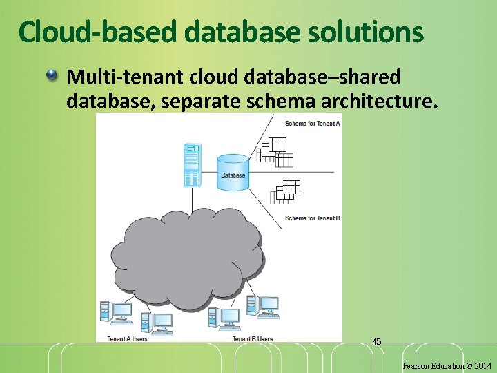 Cloud-based database solutions Multi-tenant cloud database–shared database, separate schema architecture. 45 Pearson Education ©