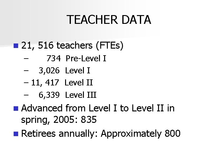 TEACHER DATA n 21, 516 teachers (FTEs) – 734 – 3, 026 – 11,