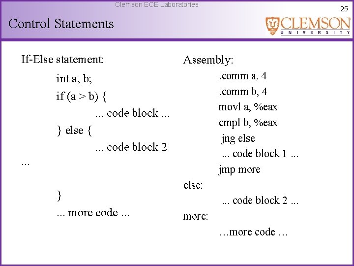 Clemson ECE Laboratories 25 Control Statements If-Else statement: Assembly: . comm a, 4. comm