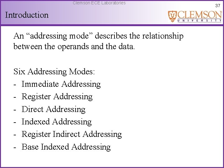 Clemson ECE Laboratories Introduction An “addressing mode” describes the relationship between the operands and