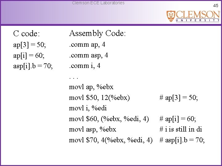 Clemson ECE Laboratories C code: Assembly Code: ap[3] = 50; ap[i] = 60; asp[i].