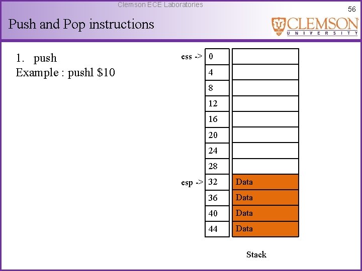 Clemson ECE Laboratories 56 Push and Pop instructions 1. push Example : pushl $10