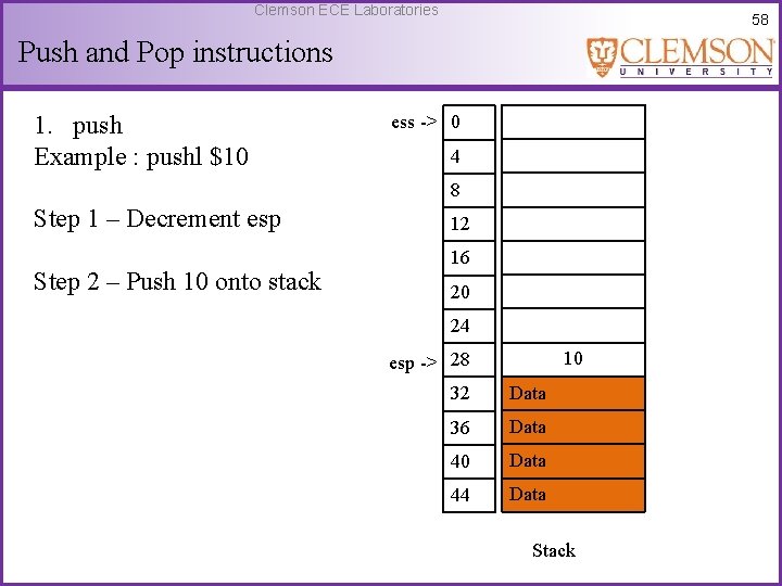 Clemson ECE Laboratories 58 Push and Pop instructions 1. push Example : pushl $10