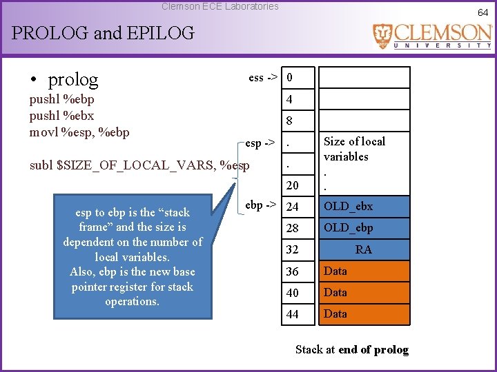 Clemson ECE Laboratories 64 PROLOG and EPILOG • prolog pushl %ebp pushl %ebx movl