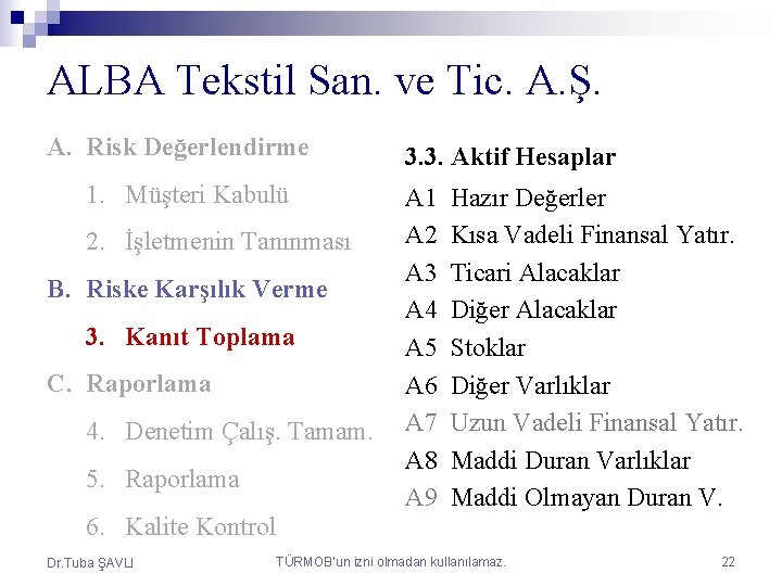 ALBA Tekstil San. ve Tic. A. Ş. A. Risk Değerlendirme 1. Müşteri Kabulü 2.