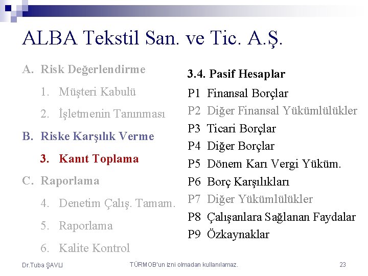 ALBA Tekstil San. ve Tic. A. Ş. A. Risk Değerlendirme 3. 4. Pasif Hesaplar