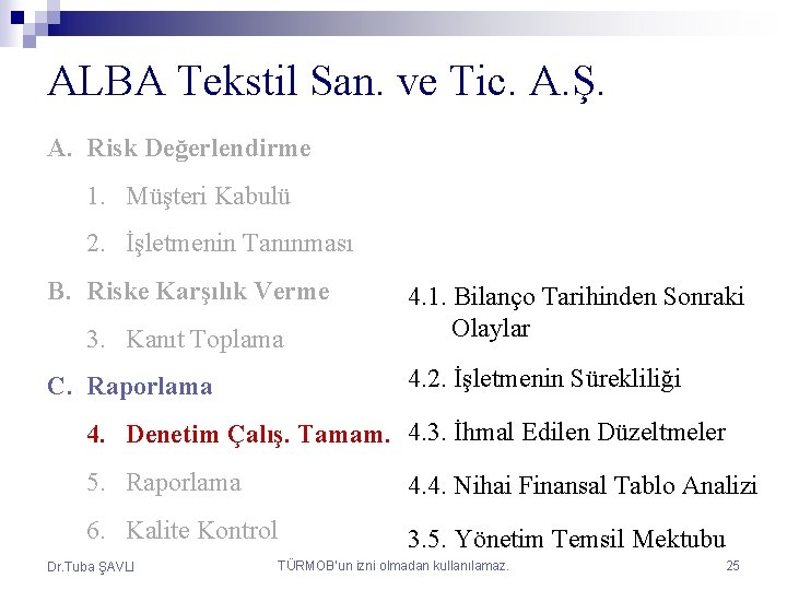 ALBA Tekstil San. ve Tic. A. Ş. A. Risk Değerlendirme 1. Müşteri Kabulü 2.