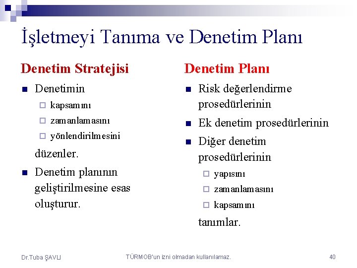 İşletmeyi Tanıma ve Denetim Planı Denetim Stratejisi n Denetimin ¨ kapsamını ¨ zamanlamasını ¨