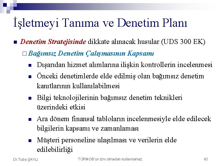 İşletmeyi Tanıma ve Denetim Planı n Denetim Stratejisinde dikkate alınacak husular (UDS 300 EK)