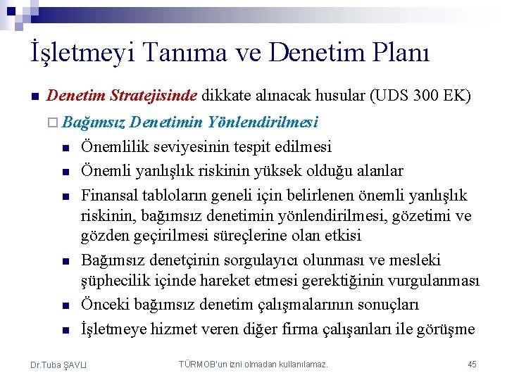 İşletmeyi Tanıma ve Denetim Planı n Denetim Stratejisinde dikkate alınacak husular (UDS 300 EK)