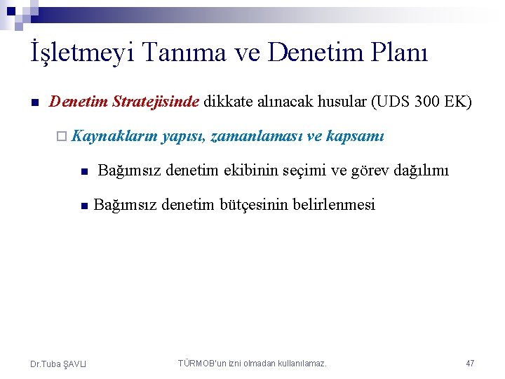 İşletmeyi Tanıma ve Denetim Planı n Denetim Stratejisinde dikkate alınacak husular (UDS 300 EK)