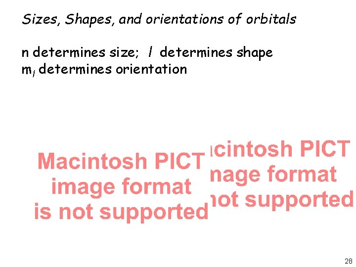 Sizes, Shapes, and orientations of orbitals n determines size; l determines shape ml determines