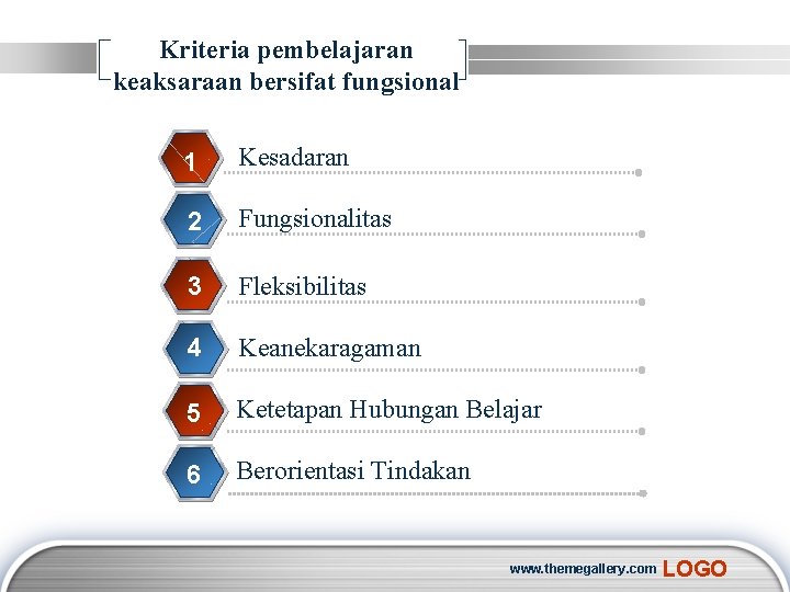 Kriteria pembelajaran keaksaraan bersifat fungsional 1 Kesadaran 2 Fungsionalitas 3 Fleksibilitas 4 Keanekaragaman 5