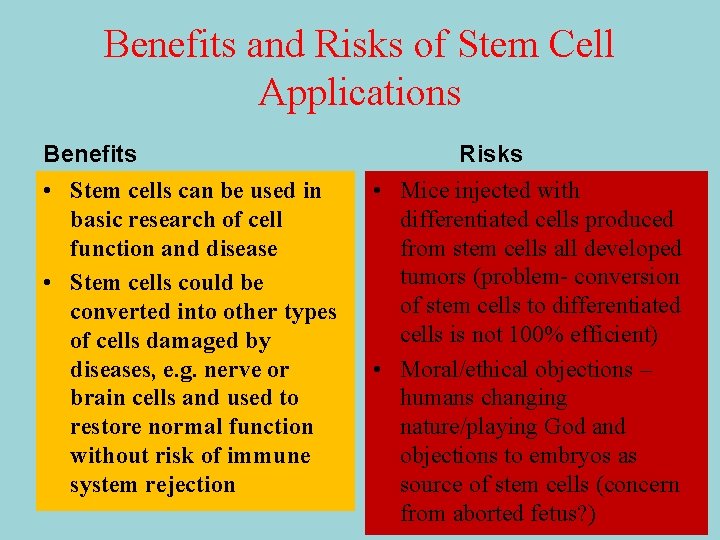 Benefits and Risks of Stem Cell Applications Benefits • Stem cells can be used