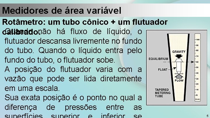 Medidores de área variável Rotâmetro: um tubo cônico + um flutuador Quando não há