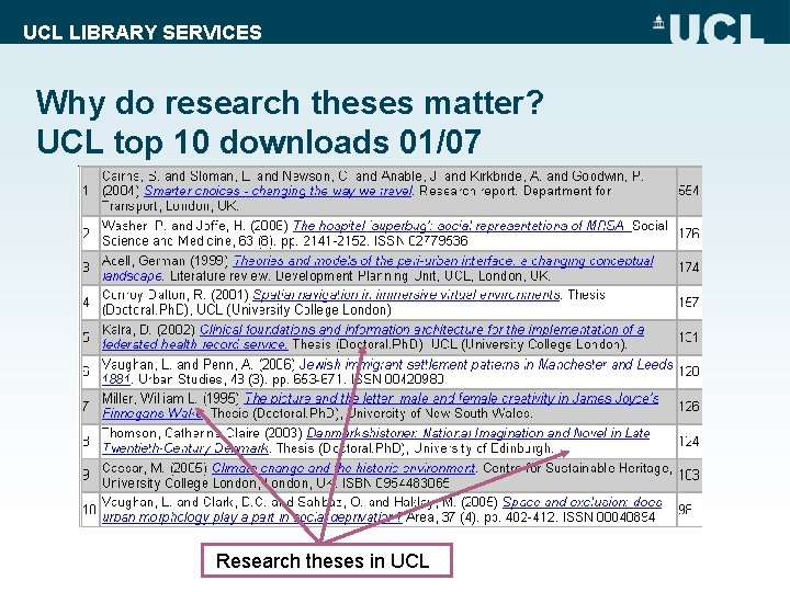 UCL LIBRARY SERVICES Why do research theses matter? UCL top 10 downloads 01/07 Research