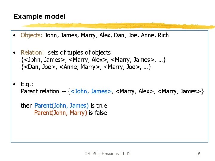 Example model • Objects: John, James, Marry, Alex, Dan, Joe, Anne, Rich • Relation: