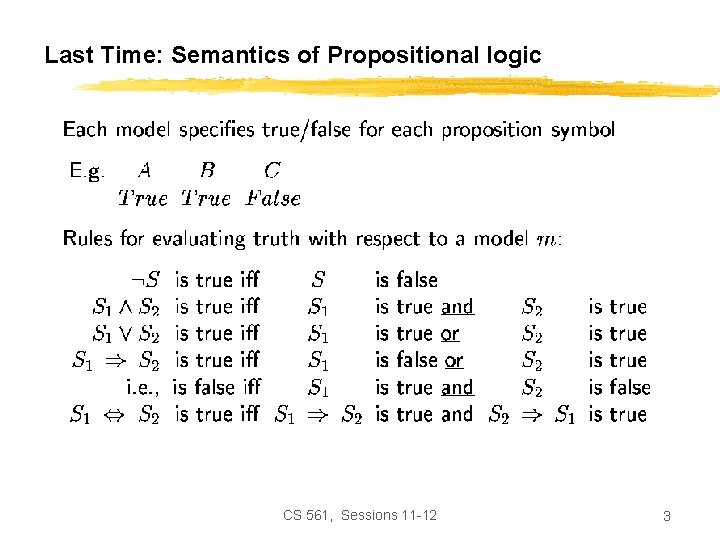 Last Time: Semantics of Propositional logic CS 561, Sessions 11 -12 3 
