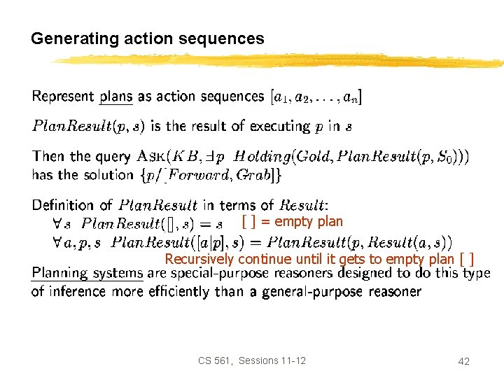 Generating action sequences [ ] = empty plan Recursively continue until it gets to