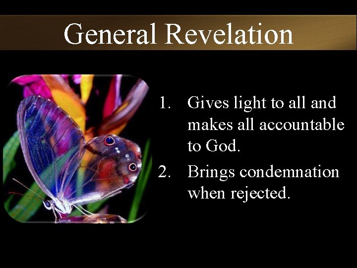 General Revelation 1. Gives light to all and makes all accountable to God. 2.