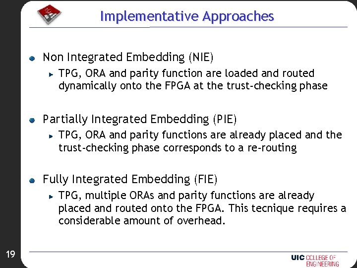 Implementative Approaches Non Integrated Embedding (NIE) TPG, ORA and parity function are loaded and