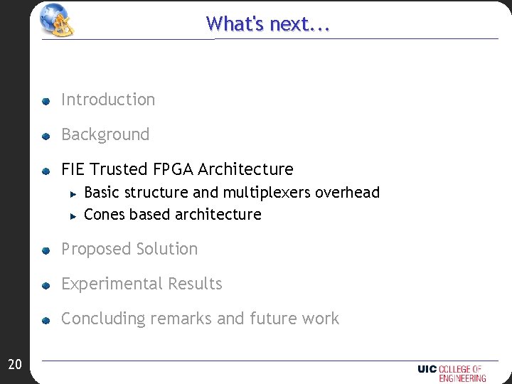 What's next. . . Introduction Background FIE Trusted FPGA Architecture Basic structure and multiplexers