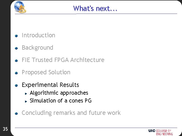 What's next. . . Introduction Background FIE Trusted FPGA Architecture Proposed Solution Experimental Results