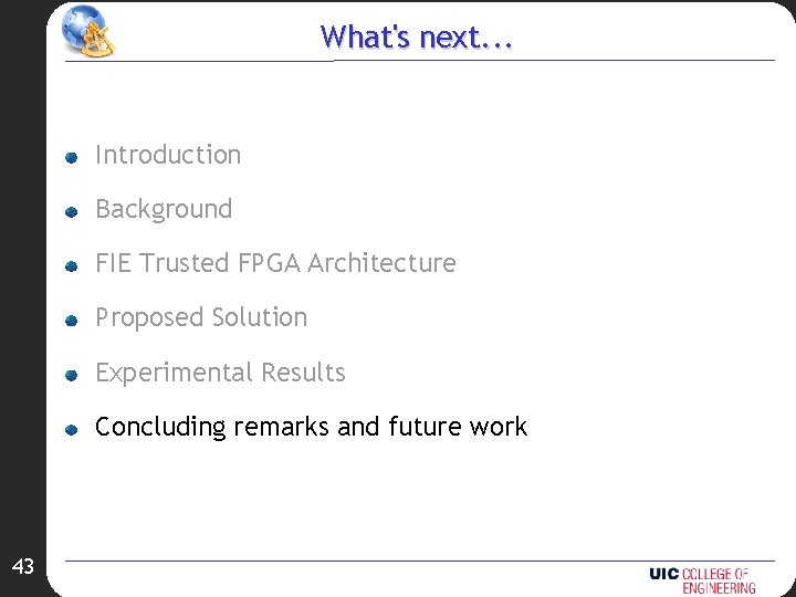 What's next. . . Introduction Background FIE Trusted FPGA Architecture Proposed Solution Experimental Results